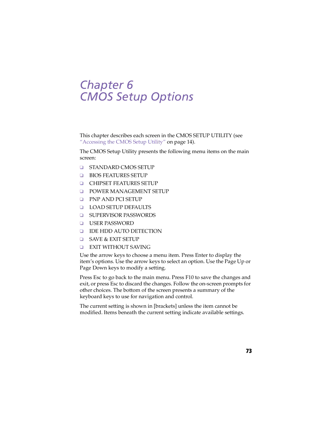 Sony PCV-L630 manual Chapter Cmos Setup Options 