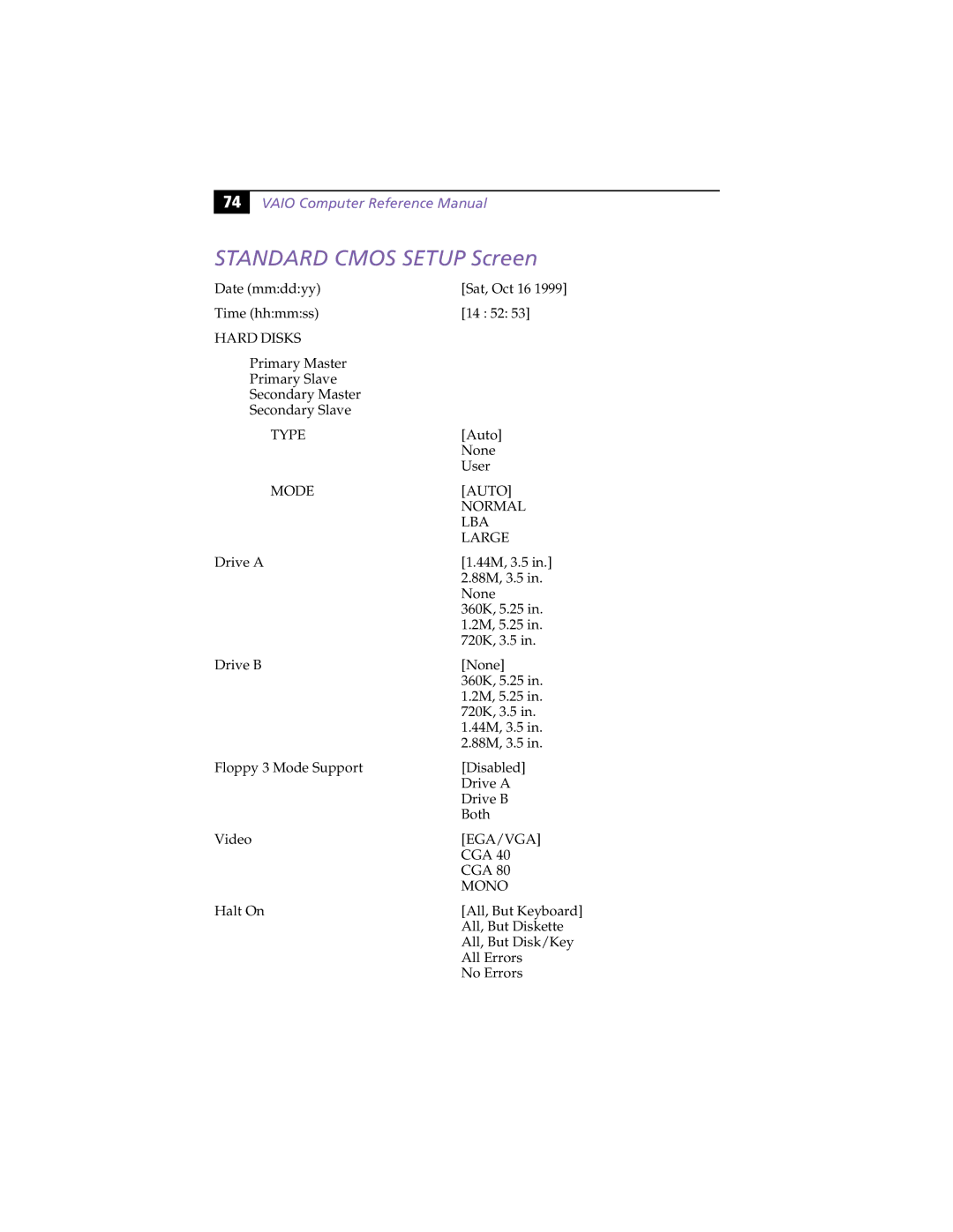 Sony PCV-L630 manual Standard Cmos Setup Screen 