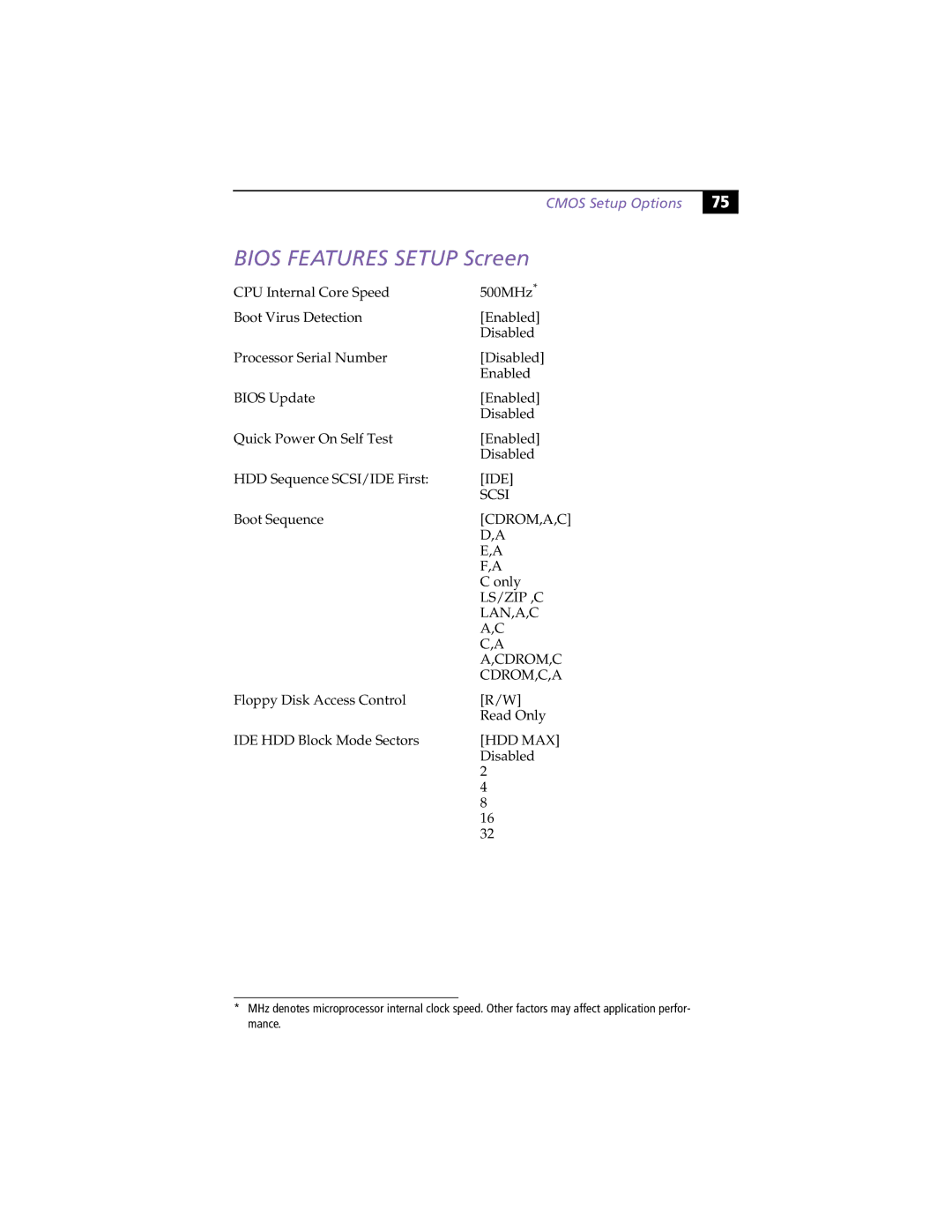 Sony PCV-L630 manual Bios Features Setup Screen, Cmos Setup Options 