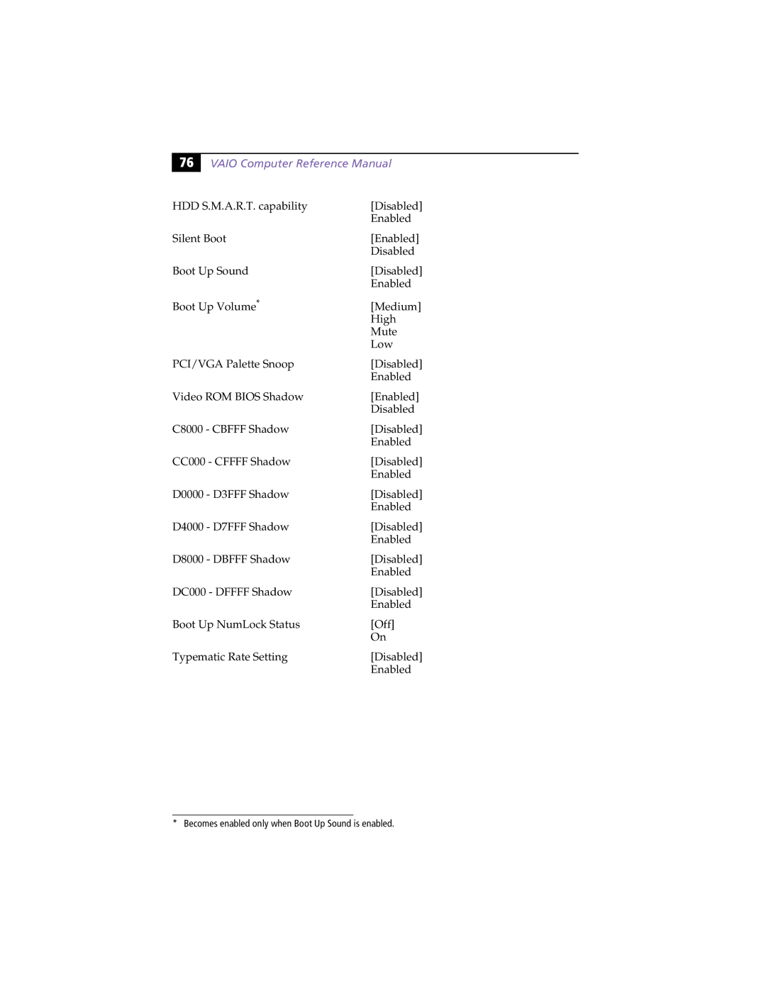 Sony PCV-L630 manual Becomes enabled only when Boot Up Sound is enabled 