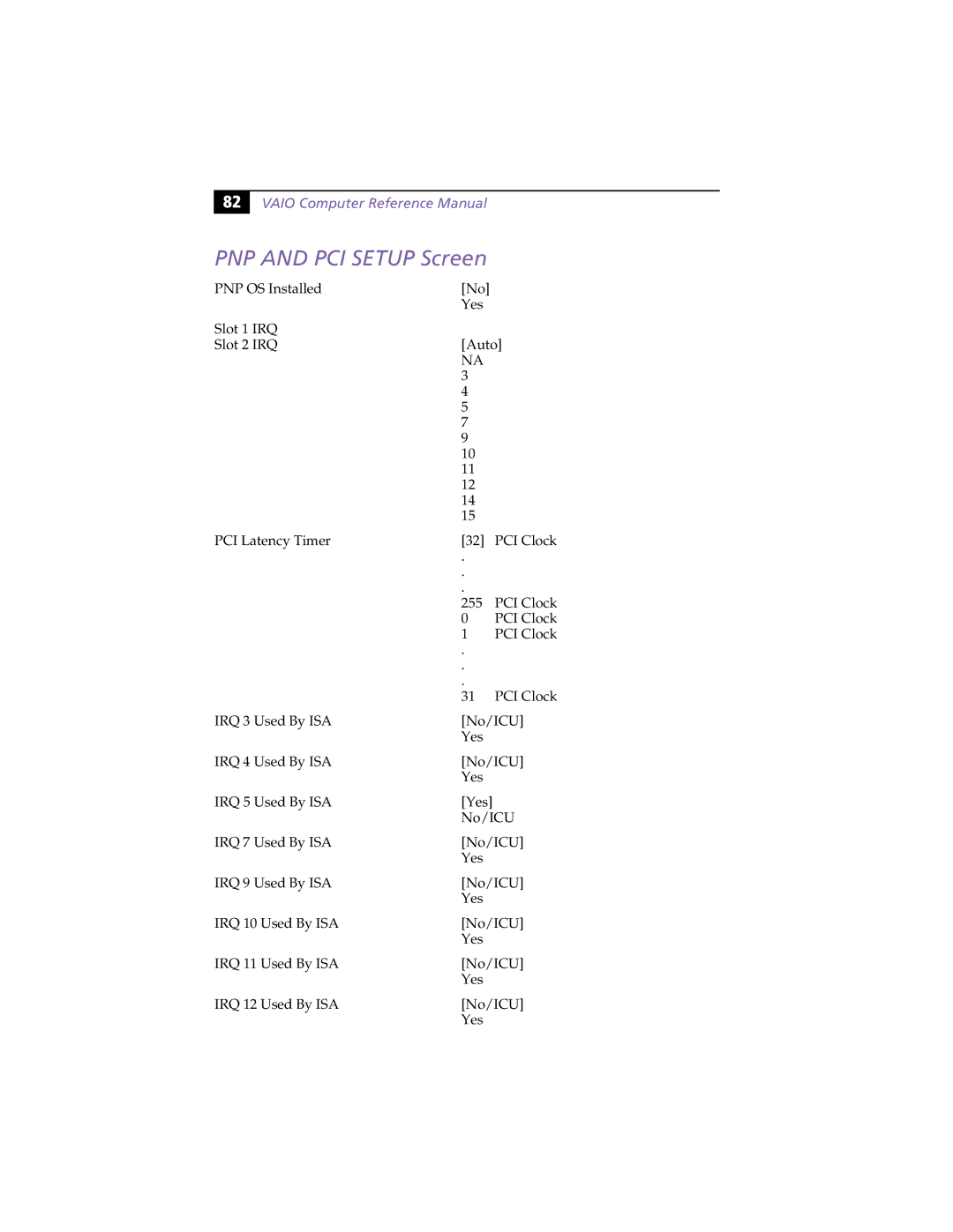 Sony PCV-L630 manual PNP and PCI Setup Screen 