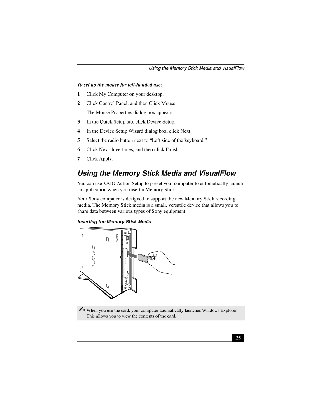 Sony PCV-L640 manual Using the Memory Stick Media and VisualFlow, To set up the mouse for left-handed use 