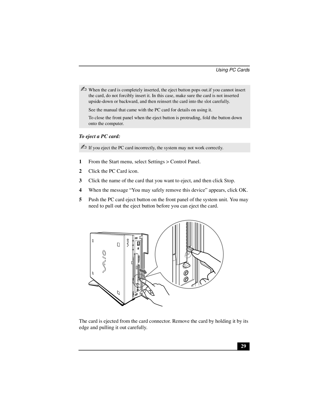 Sony PCV-L640 manual To eject a PC card, Using PC Cards 