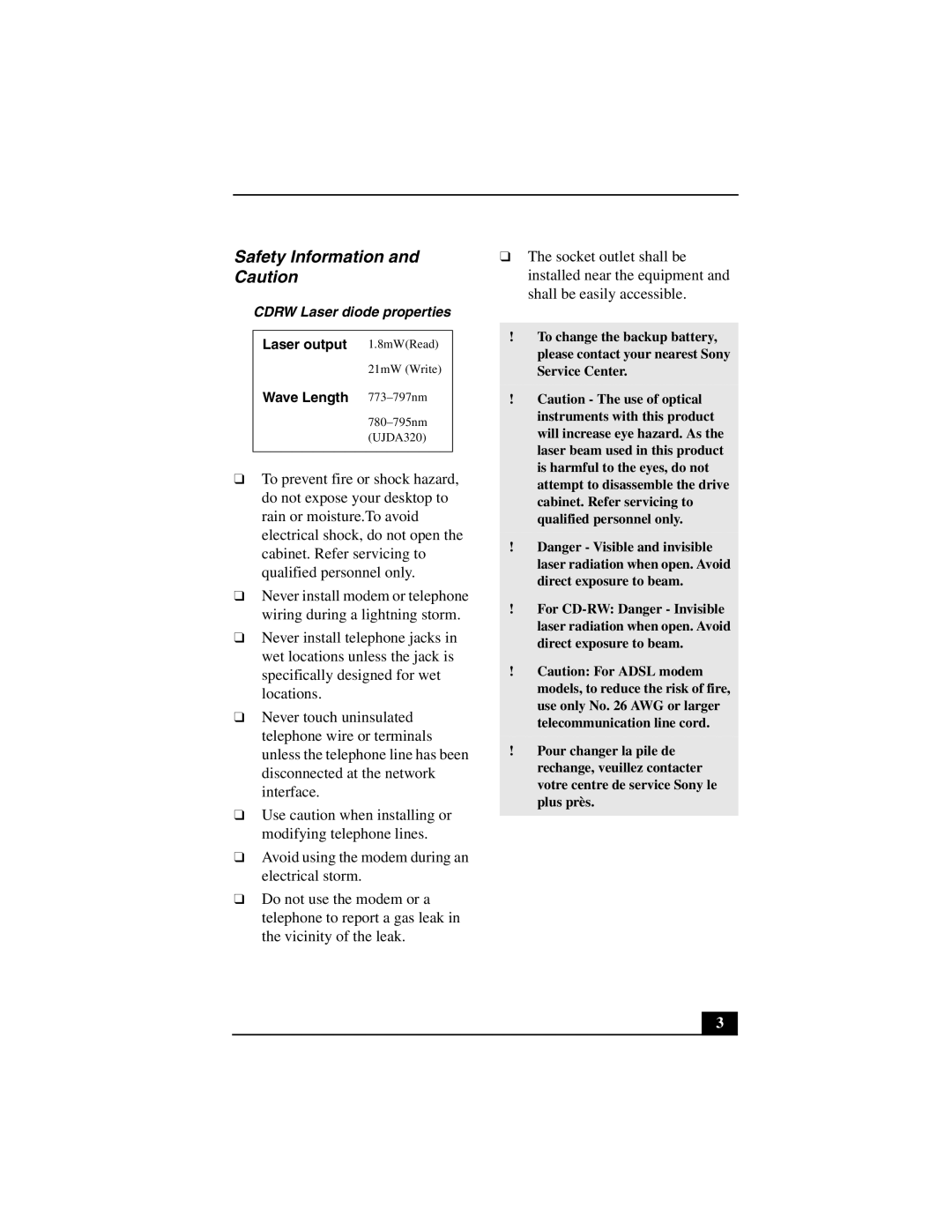 Sony PCV-L640 manual Safety Information and Caution 