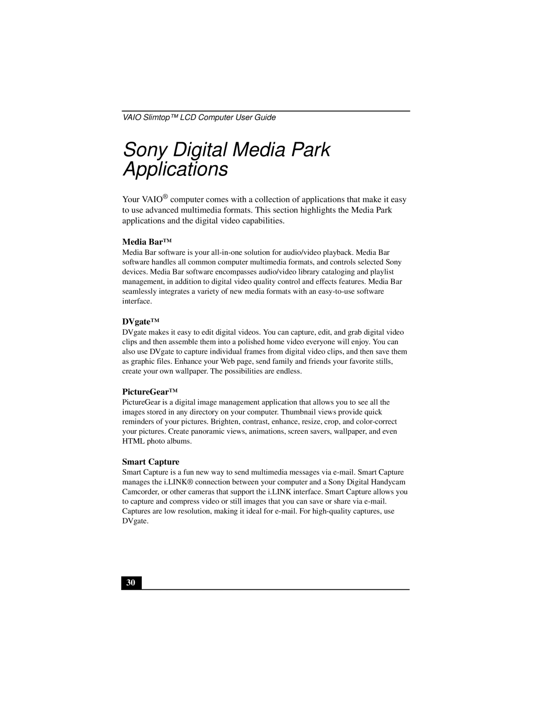 Sony PCV-L640 manual Sony Digital Media Park Applications 