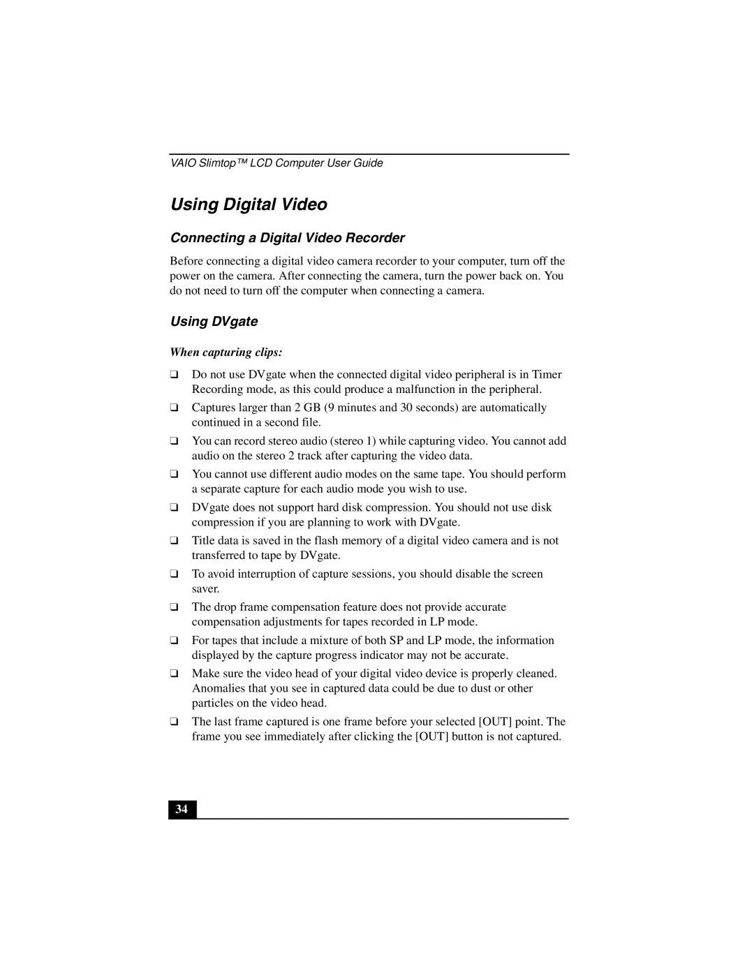 Sony PCV-L640 manual Using Digital Video, Connecting a Digital Video Recorder, Using DVgate, When capturing clips 