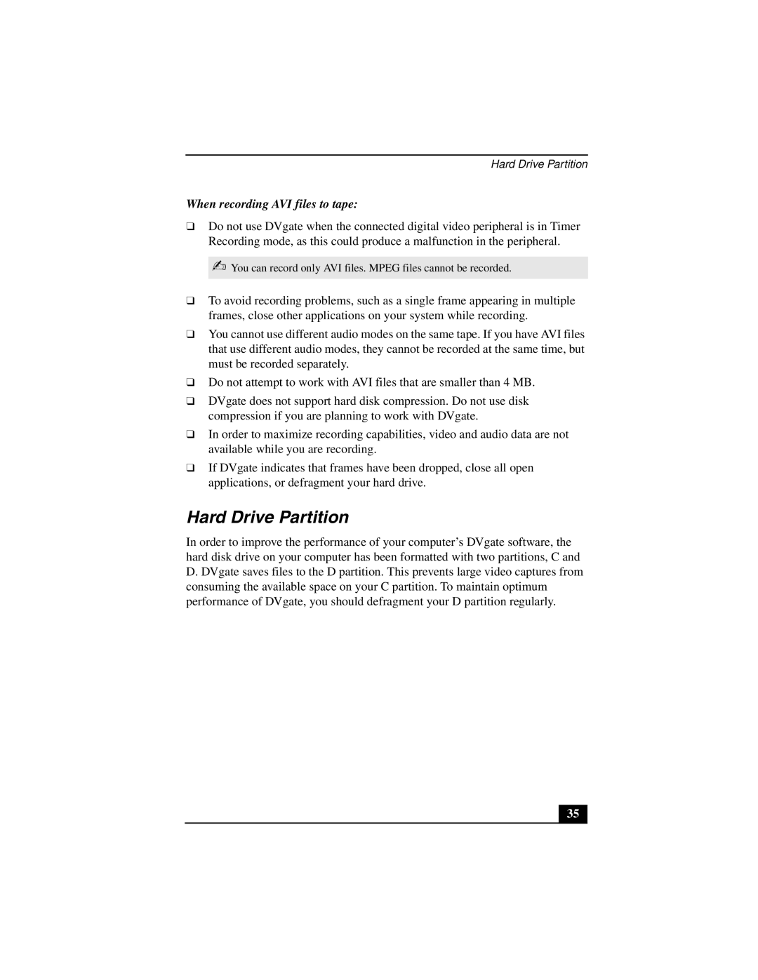 Sony PCV-L640 manual Hard Drive Partition, When recording AVI files to tape 