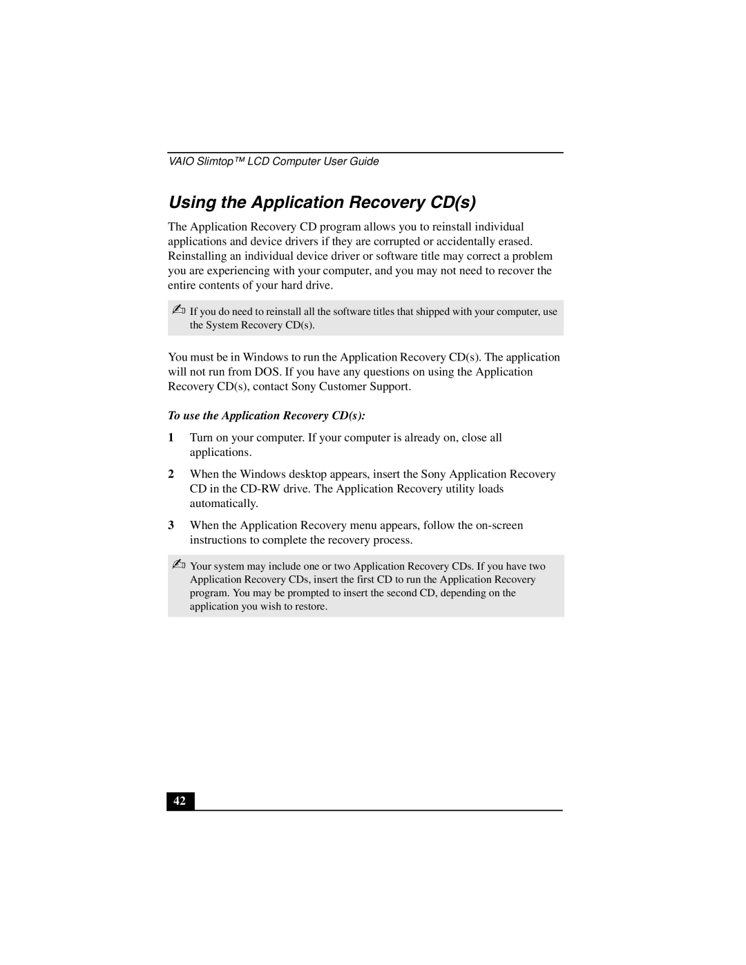 Sony PCV-L640 manual Using the Application Recovery CDs, To use the Application Recovery CDs 