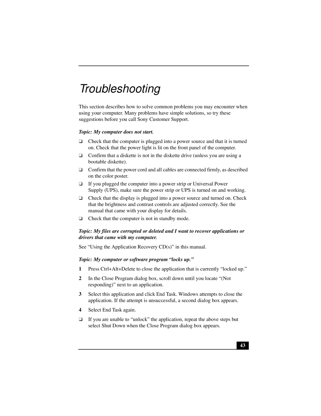 Sony PCV-L640 manual Topic My computer does not start, Topic My computer or software program locks up 