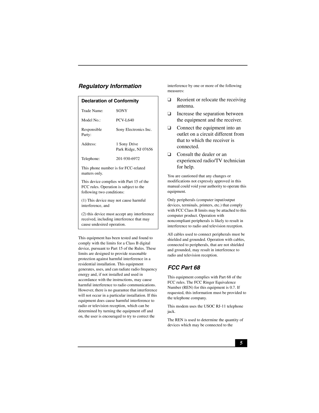 Sony PCV-L640 manual Regulatory Information, Declaration of Conformity 