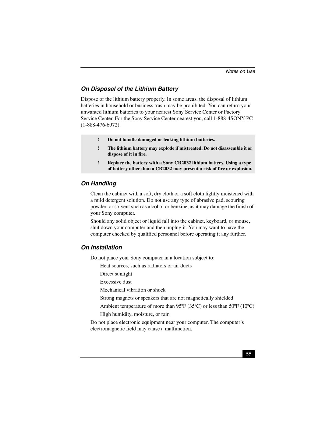 Sony PCV-L640 manual On Disposal of the Lithium Battery, On Handling, On Installation 