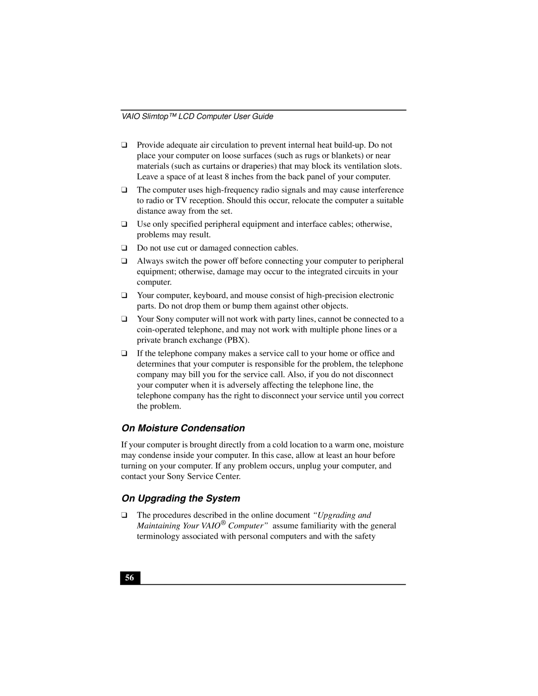 Sony PCV-L640 manual On Moisture Condensation, On Upgrading the System 