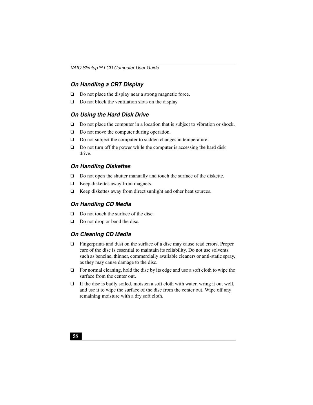 Sony PCV-L640 manual On Handling a CRT Display, On Using the Hard Disk Drive, On Handling Diskettes, On Handling CD Media 