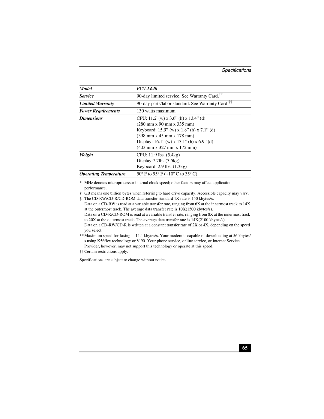 Sony manual Model PCV-L640 Service, Limited Warranty, Power Requirements, Dimensions, Weight, Operating Temperature 