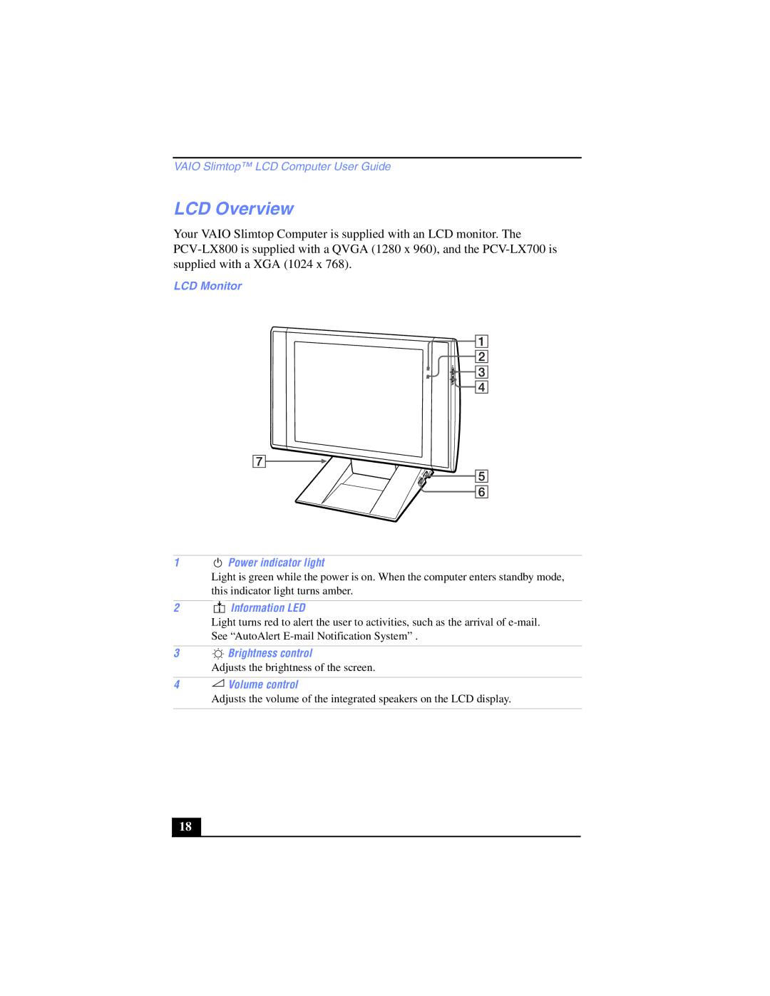 Sony PCV-LX700, PCV-LX800 manual LCD Overview, LCD Monitor 