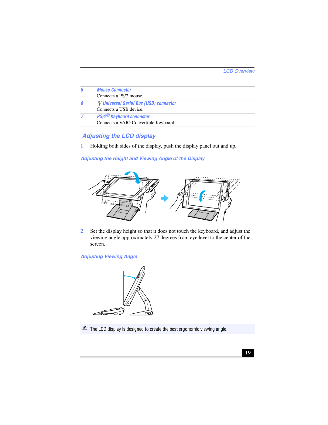 Sony PCV-LX800, PCV-LX700 Adjusting the LCD display, Mouse Connector, PS/2 Keyboard connector, Adjusting Viewing Angle 