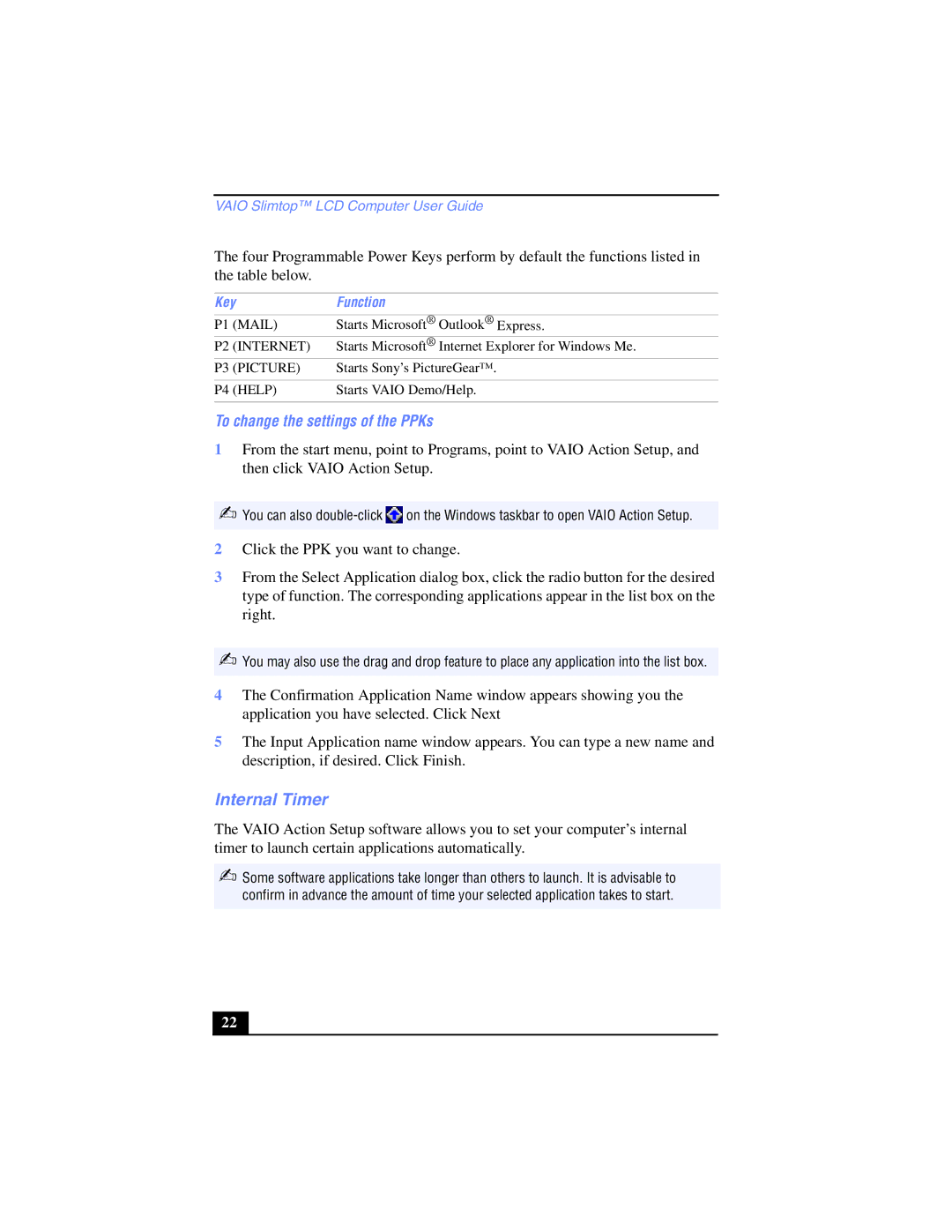 Sony PCV-LX700, PCV-LX800 manual Internal Timer, To change the settings of the PPKs, Key Function 