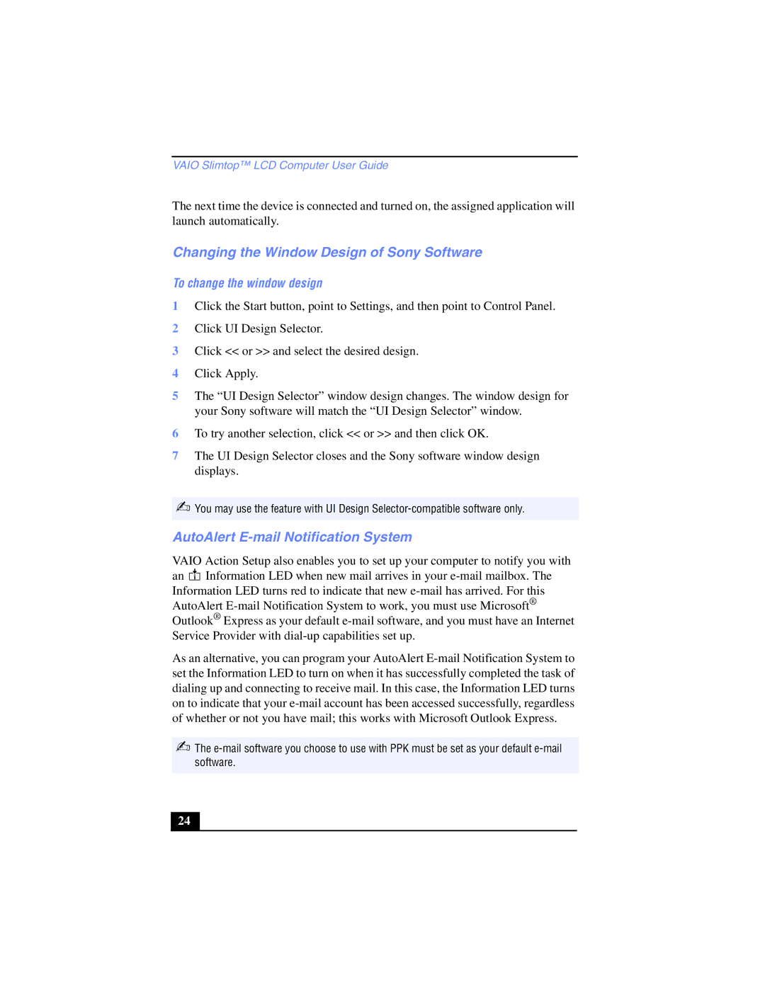 Sony PCV-LX700, PCV-LX800 manual Changing the Window Design of Sony Software, AutoAlert E-mail Notification System 