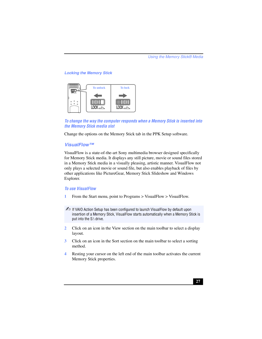 Sony PCV-LX800, PCV-LX700 manual To use VisualFlow, Locking the Memory Stick 