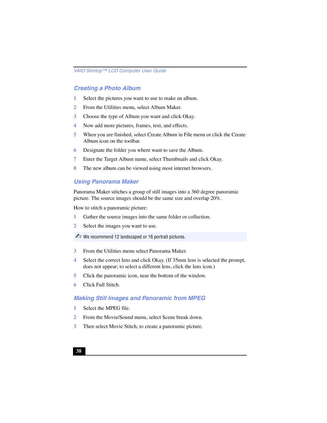 Sony PCV-LX700, PCV-LX800 manual Creating a Photo Album, Using Panorama Maker, Making Still Images and Panoramic from Mpeg 