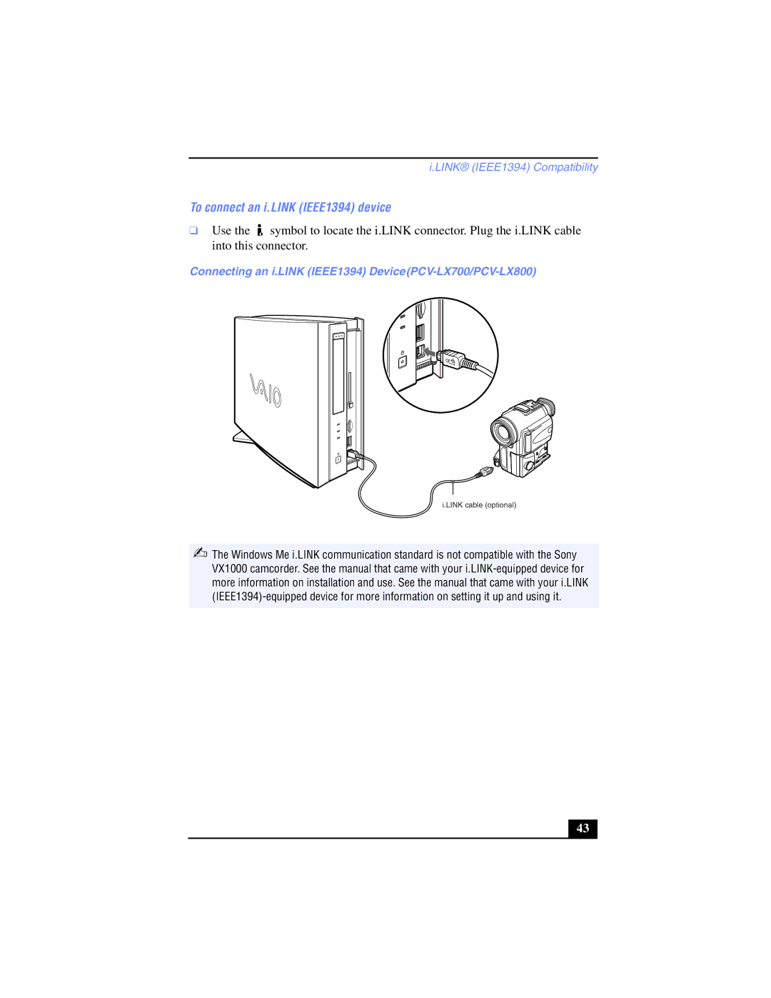 Sony manual To connect an i.LINK IEEE1394 device, Connecting an i.LINK IEEE1394 DevicePCV-LX700/PCV-LX800 