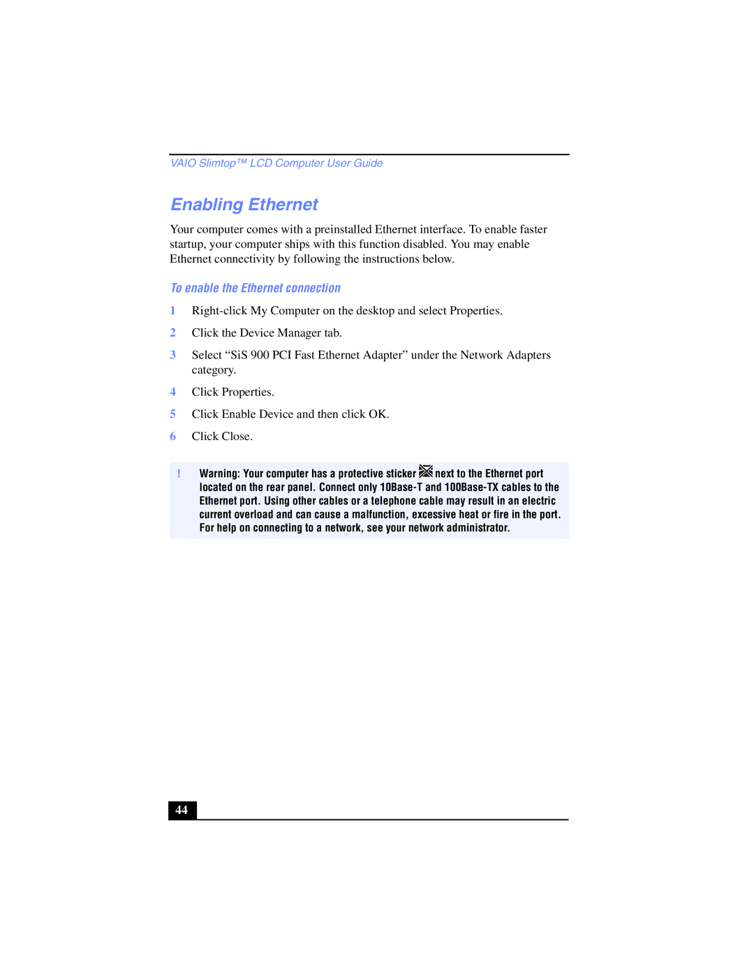 Sony PCV-LX700, PCV-LX800 manual Enabling Ethernet, To enable the Ethernet connection 