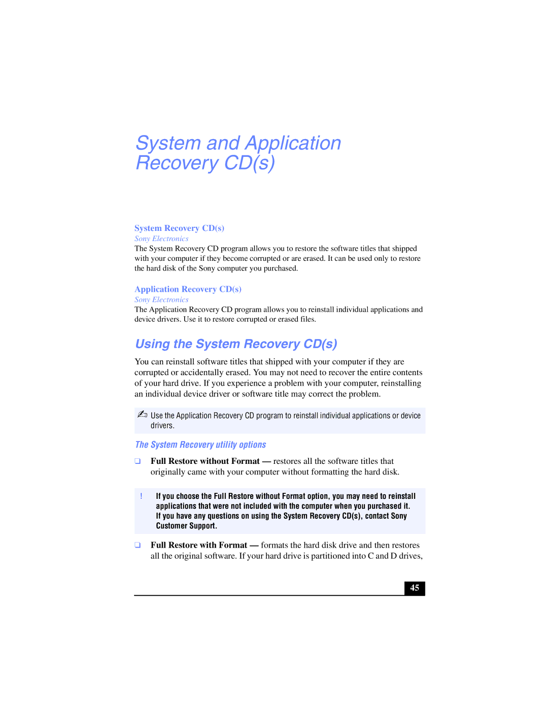 Sony PCV-LX800 manual System and Application Recovery CDs, Using the System Recovery CDs, System Recovery utility options 