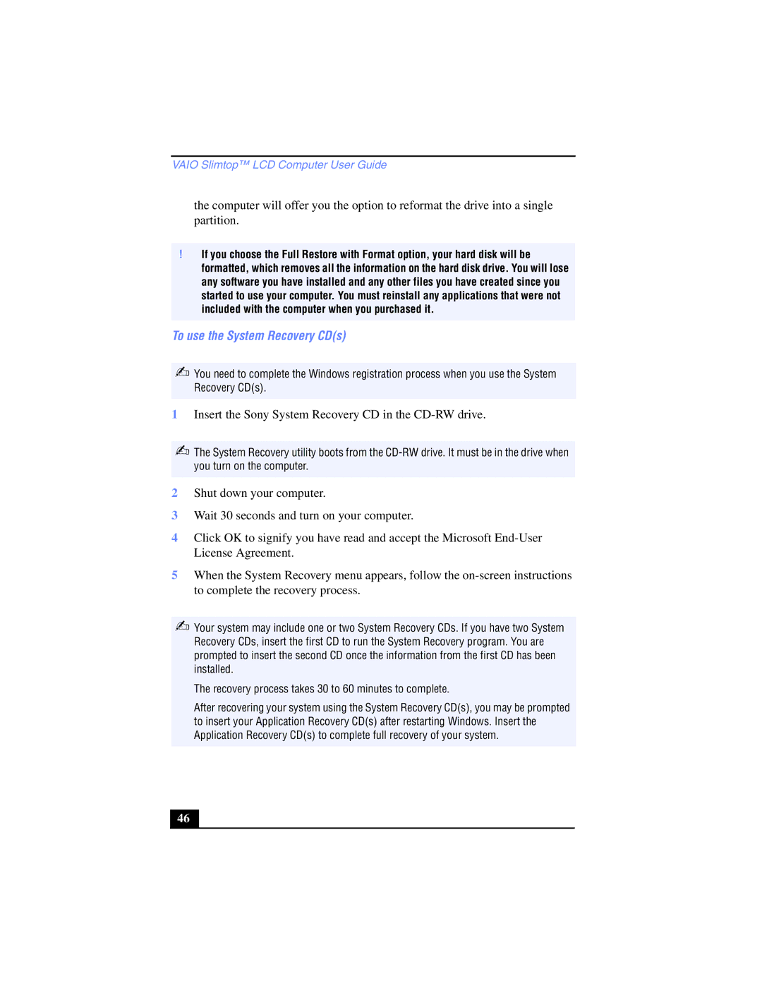 Sony PCV-LX700, PCV-LX800 manual To use the System Recovery CDs, Insert the Sony System Recovery CD in the CD-RW drive 