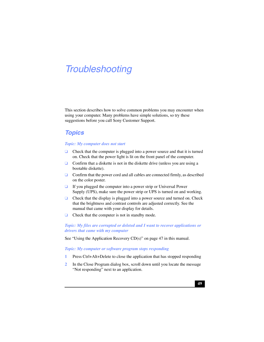 Sony PCV-LX800, PCV-LX700 manual Troubleshooting, Topics, Topic My computer does not start 