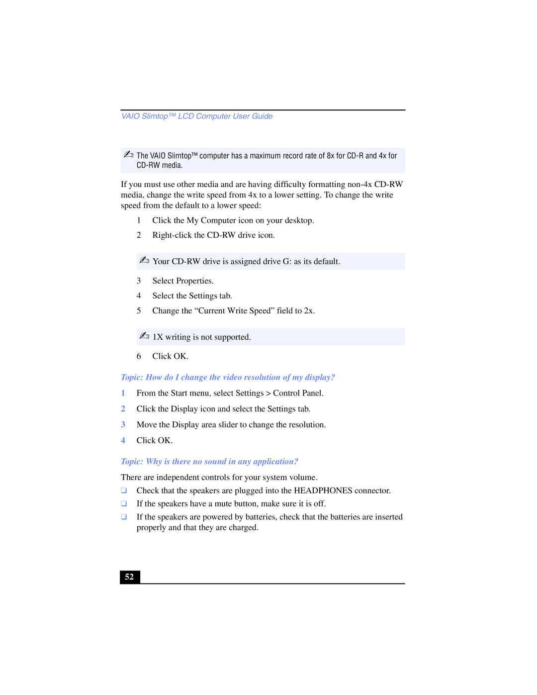 Sony PCV-LX700 Topic How do I change the video resolution of my display?, Topic Why is there no sound in any application? 