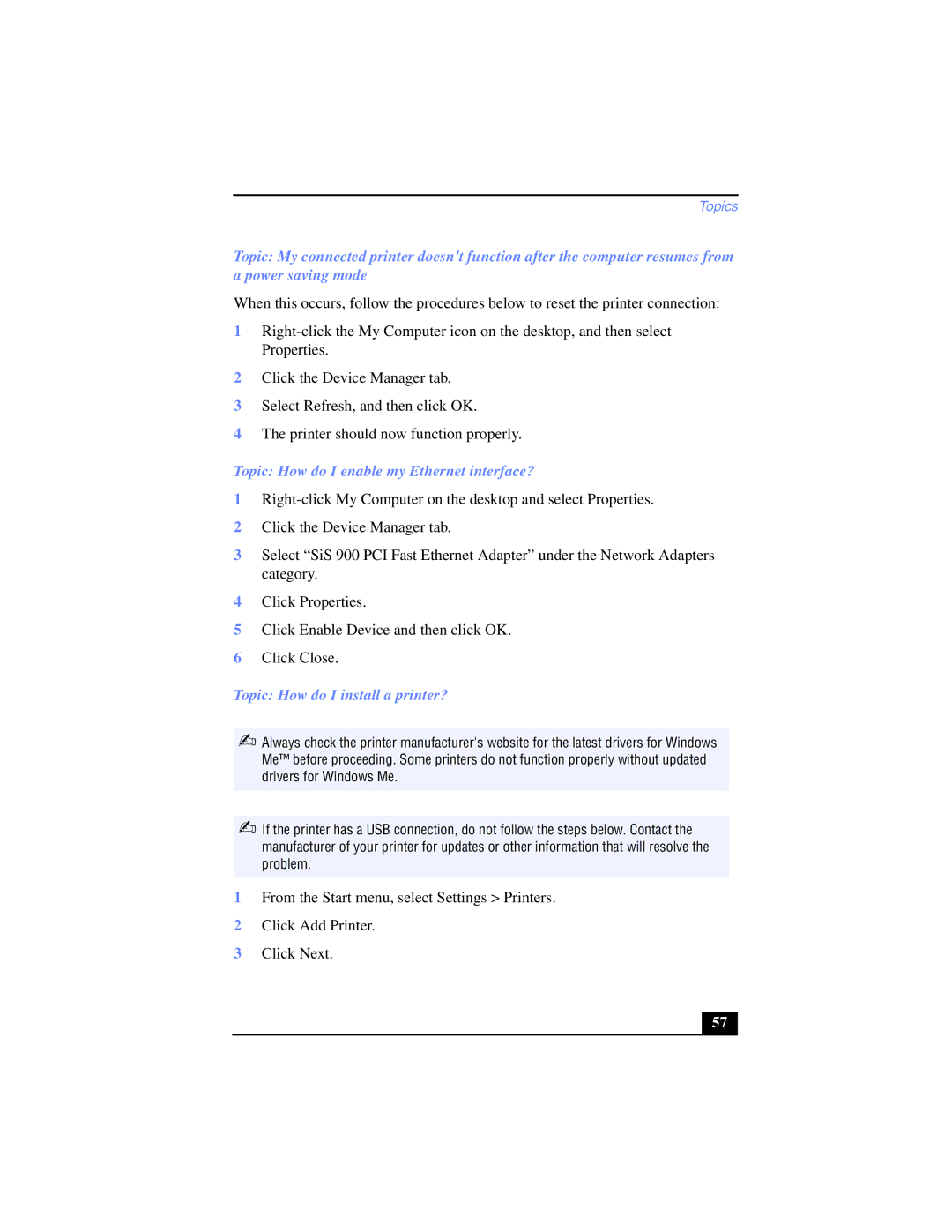 Sony PCV-LX800, PCV-LX700 manual Topic How do I enable my Ethernet interface?, Topic How do I install a printer? 