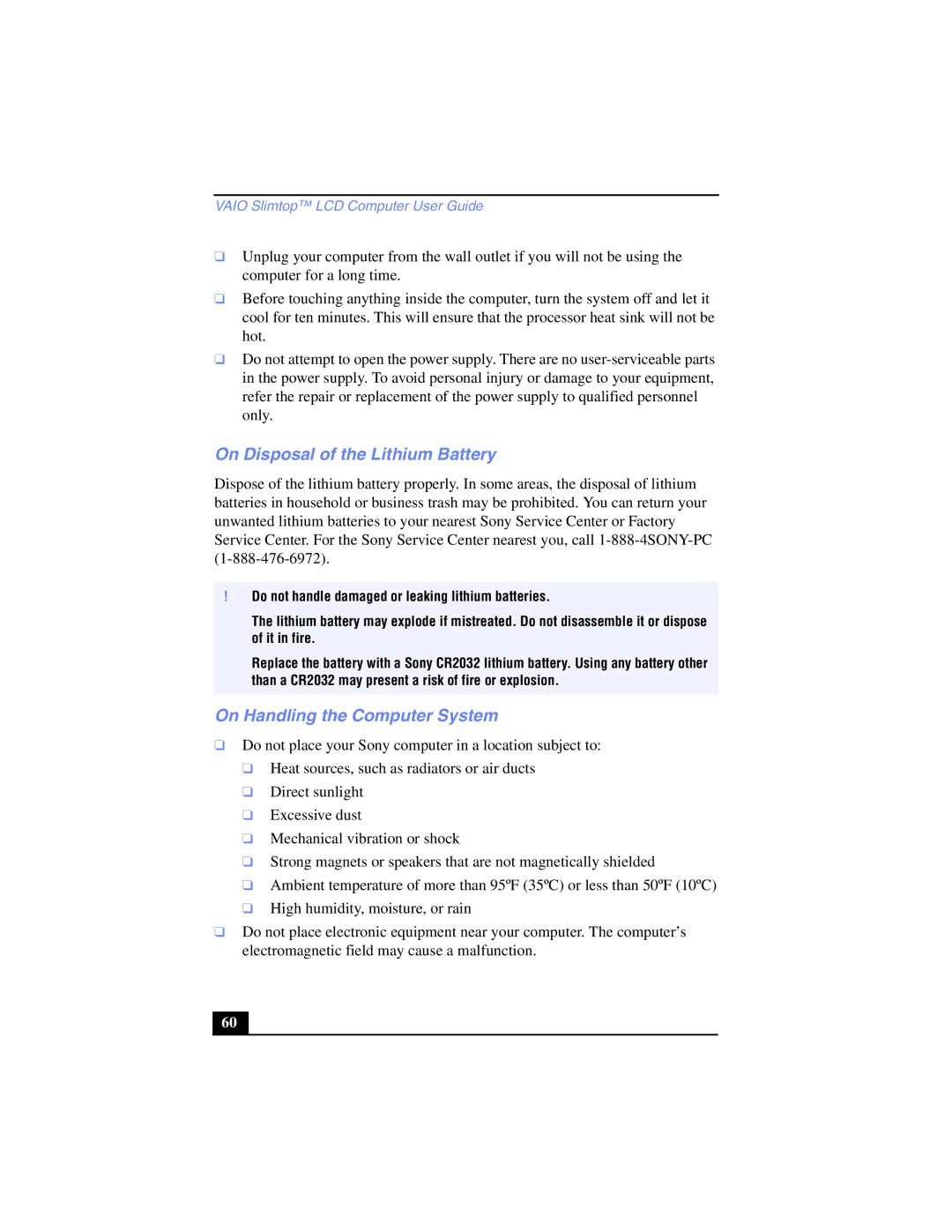 Sony PCV-LX700, PCV-LX800 manual On Disposal of the Lithium Battery, On Handling the Computer System 