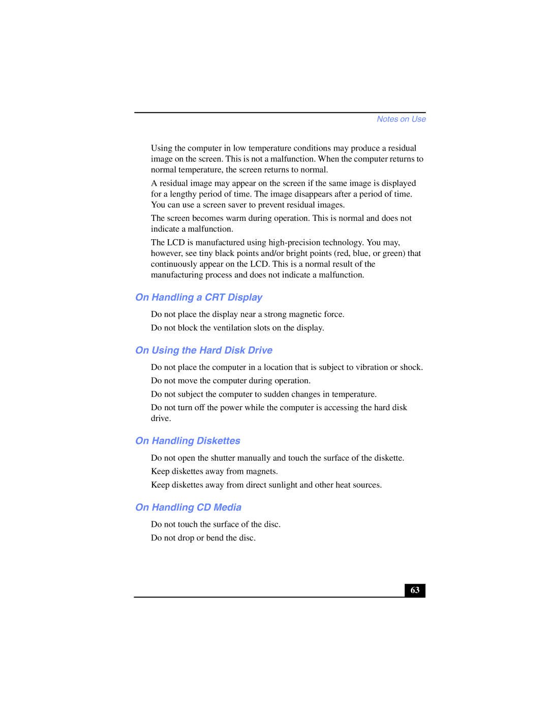 Sony PCV-LX800 manual On Handling a CRT Display, On Using the Hard Disk Drive, On Handling Diskettes, On Handling CD Media 