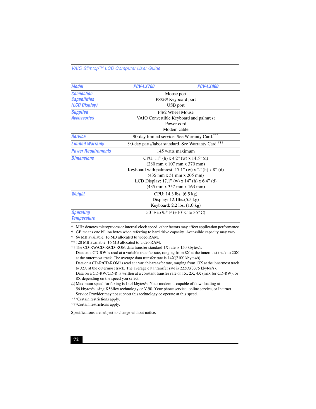 Sony PCV-LX700 PCV-LX800, Capabilities, LCD Display, Supplied, Accessories, Service, Limited Warranty, Power Requirements 