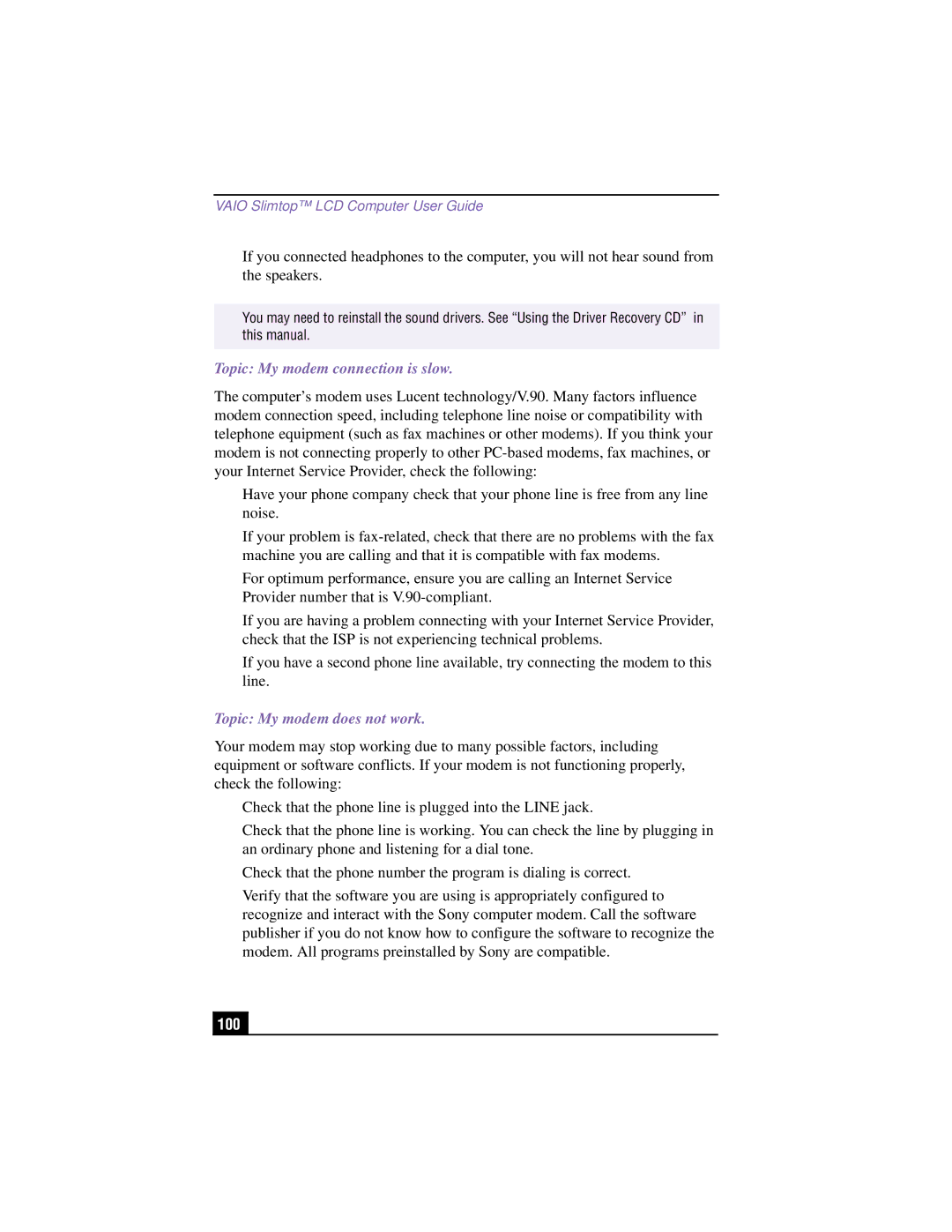 Sony PCV-LX810, PCV-LX910 manual Topic My modem connection is slow, 100 