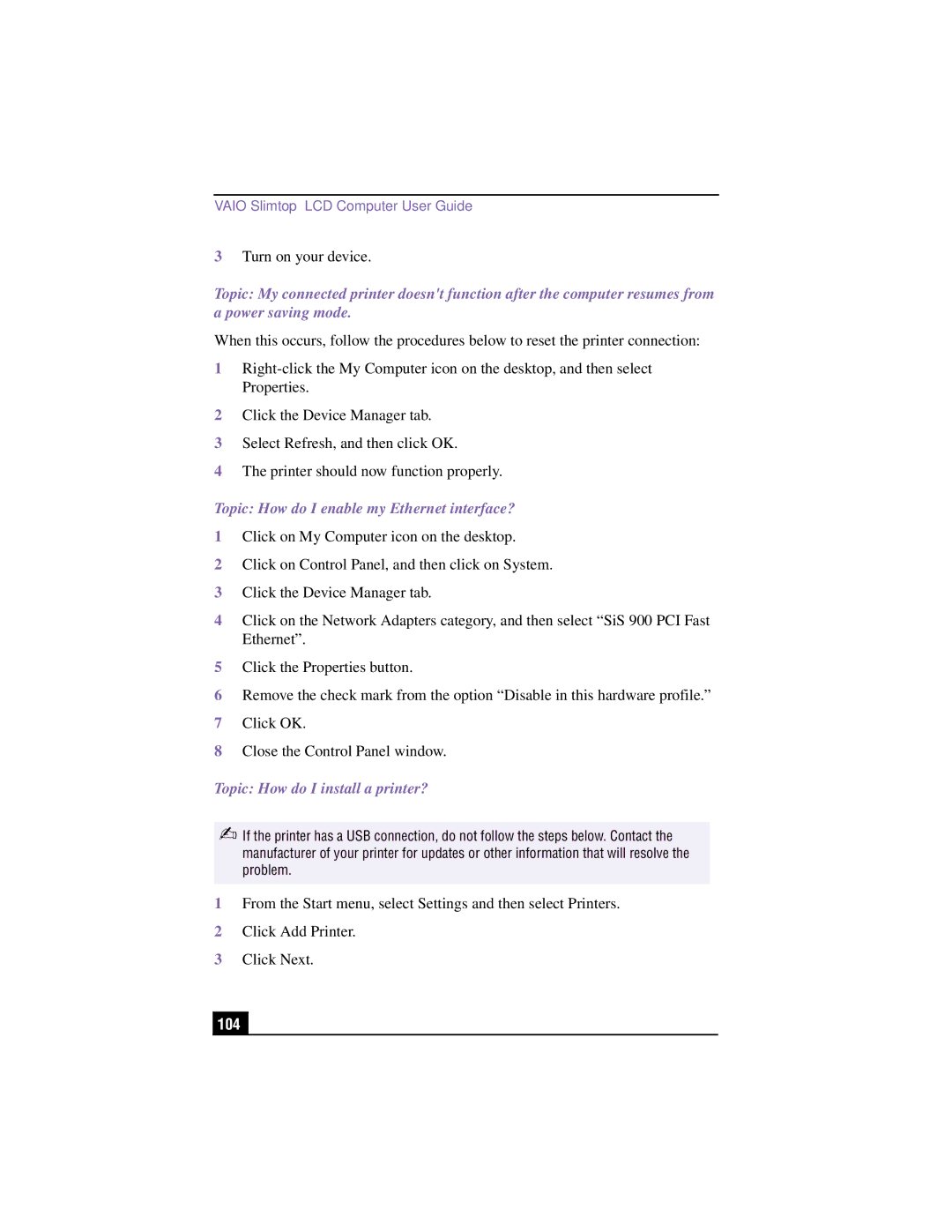 Sony PCV-LX810, PCV-LX910 manual Topic How do I enable my Ethernet interface?, 104 