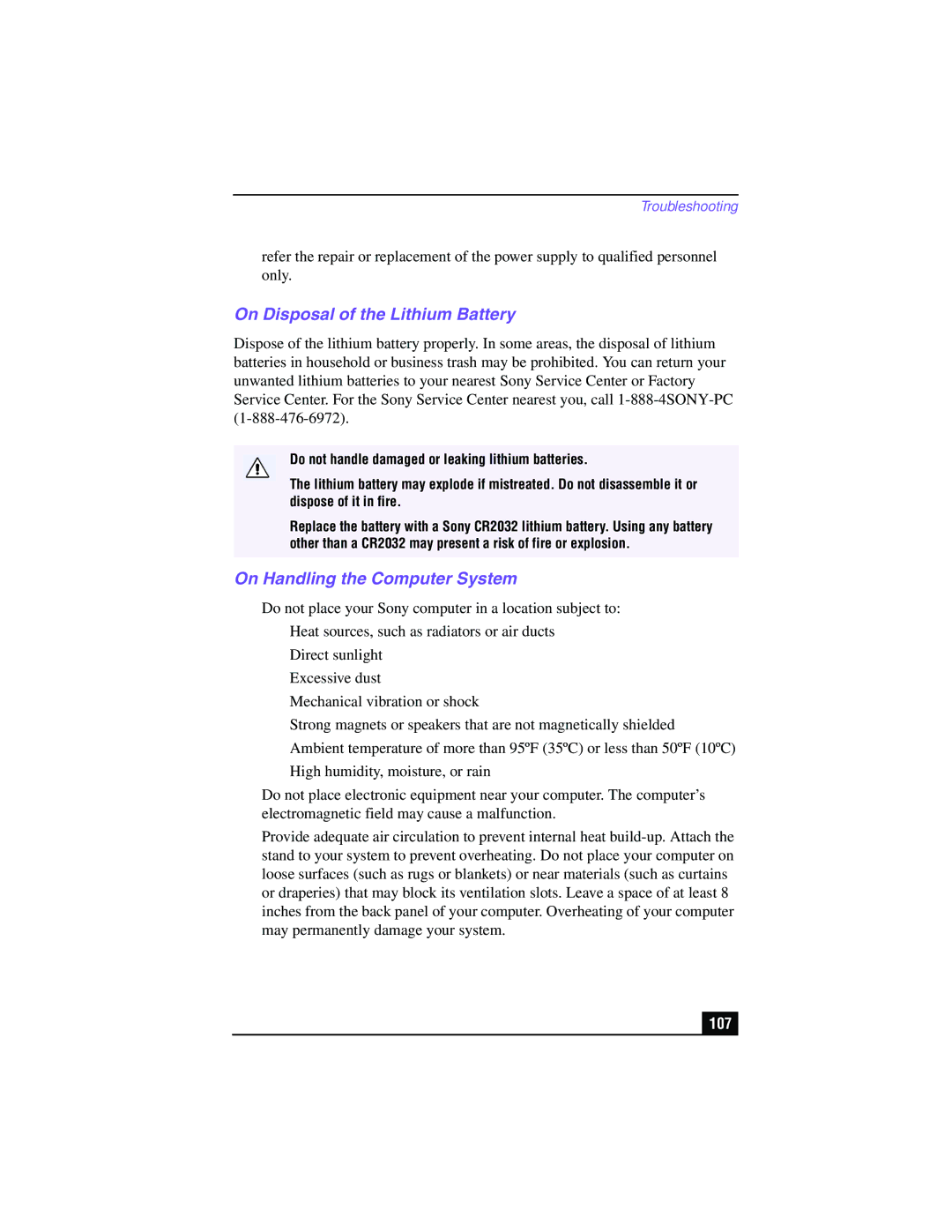 Sony PCV-LX910, PCV-LX810 manual On Disposal of the Lithium Battery, On Handling the Computer System, 107 