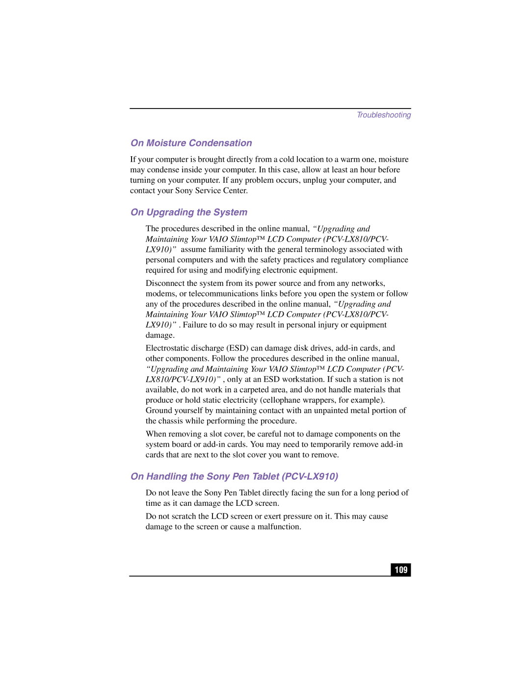 Sony PCV-LX810 manual On Moisture Condensation, On Upgrading the System, On Handling the Sony Pen Tablet PCV-LX910, 109 