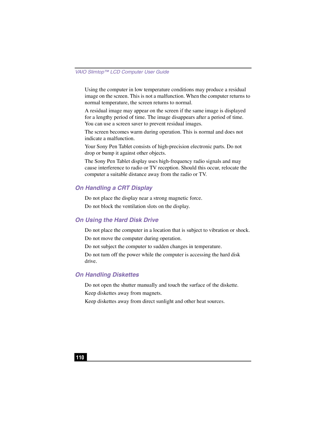 Sony PCV-LX810, PCV-LX910 manual On Handling a CRT Display, On Using the Hard Disk Drive, On Handling Diskettes, 110 