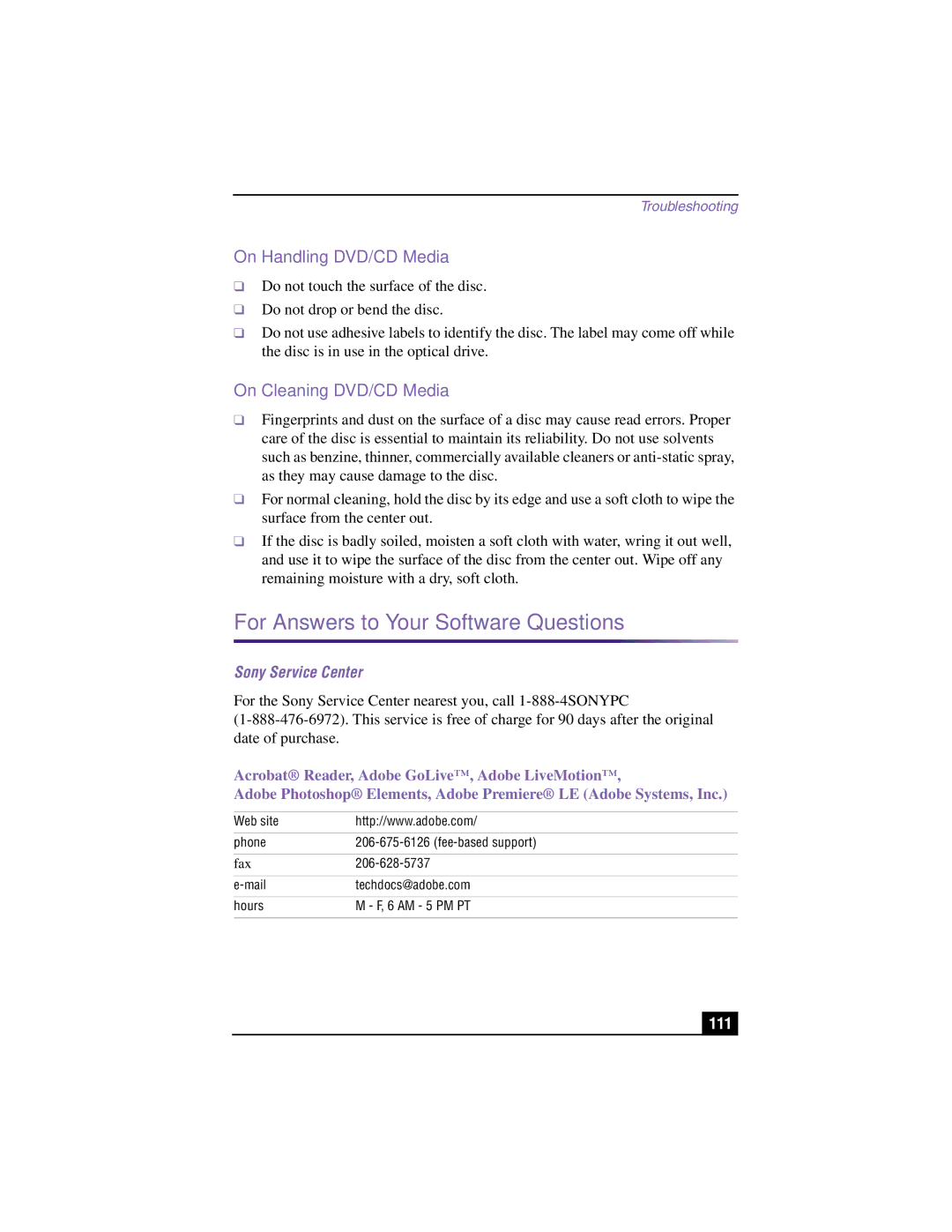 Sony PCV-LX910, PCV-LX810 For Answers to Your Software Questions, On Handling DVD/CD Media, On Cleaning DVD/CD Media, 111 