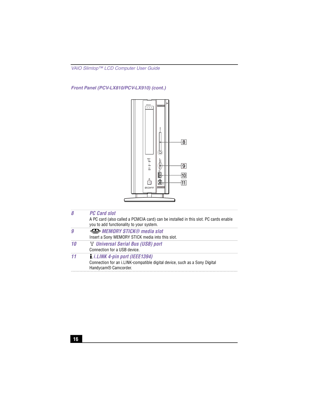 Sony PCV-LX810, PCV-LX910 PC Card slot, Memory Stick media slot, Universal Serial Bus USB port, Link 4-pin port IEEE1394 