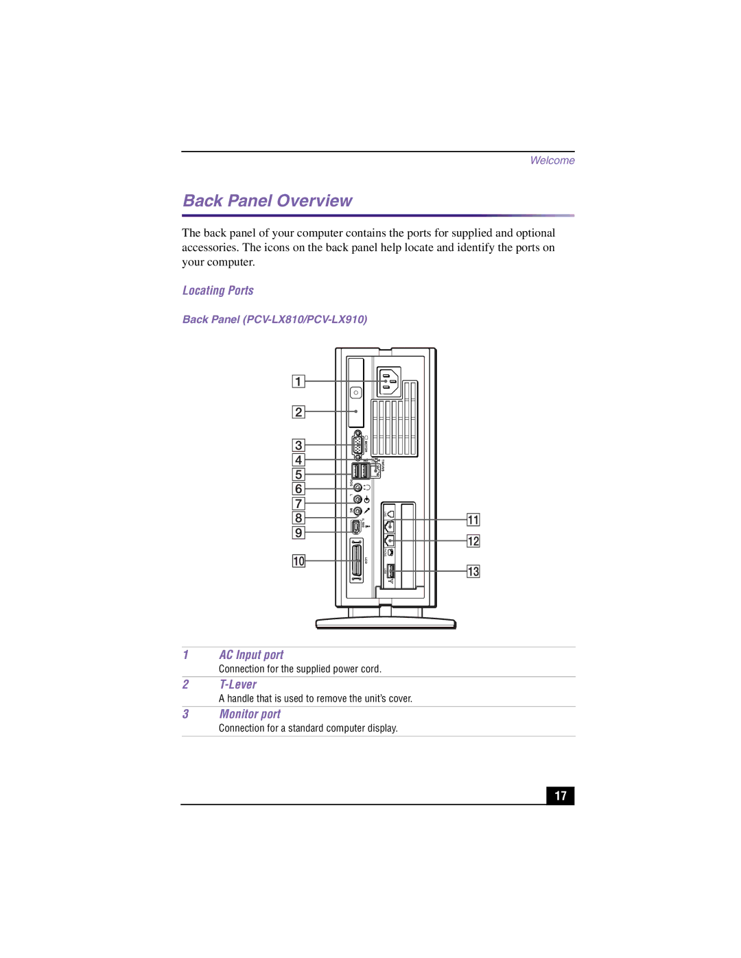 Sony PCV-LX910, PCV-LX810 manual Back Panel Overview, Locating Ports, AC Input port, Lever, Monitor port 
