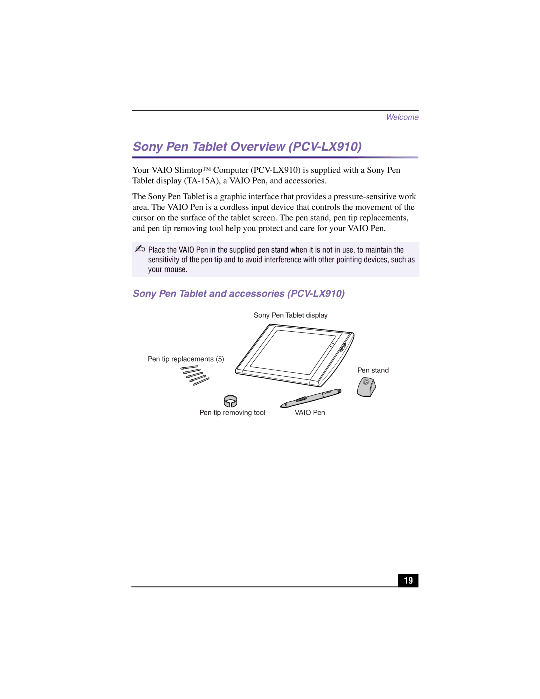 Sony PCV-LX810 manual Sony Pen Tablet Overview PCV-LX910, Sony Pen Tablet and accessories PCV-LX910 