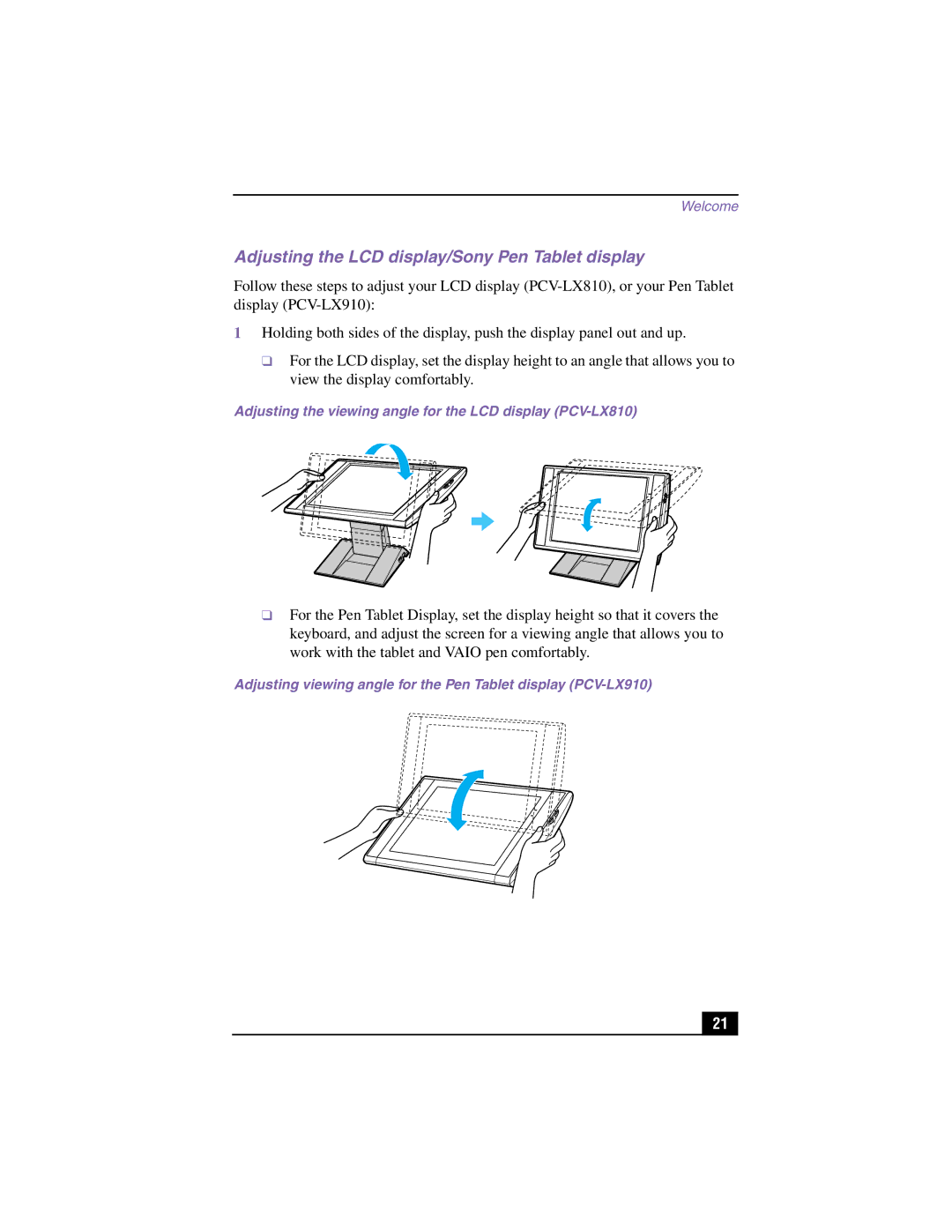 Sony PCV-LX910, PCV-LX810 manual Adjusting the LCD display/Sony Pen Tablet display 