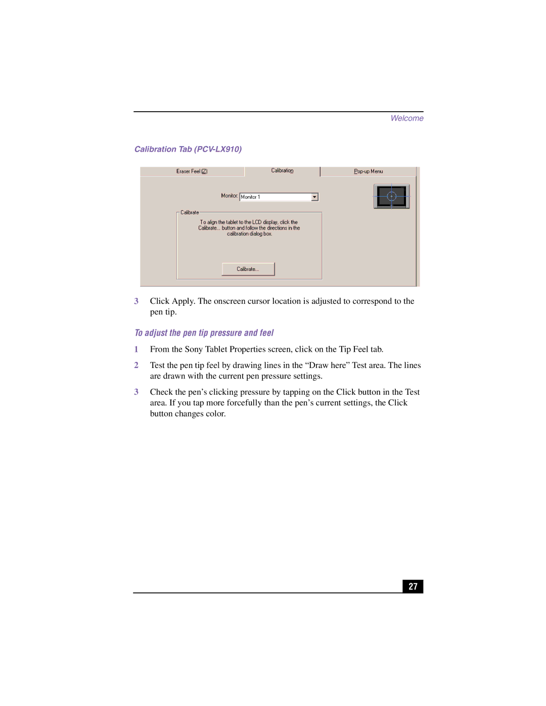 Sony PCV-LX810 manual To adjust the pen tip pressure and feel, Calibration Tab PCV-LX910 