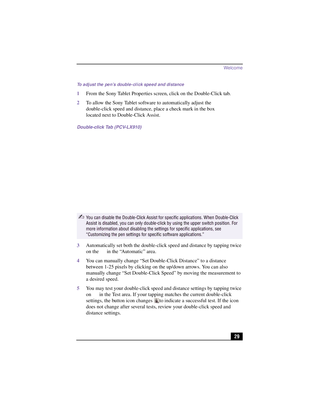 Sony PCV-LX810 manual To adjust the pen’s double-click speed and distance, Double-click Tab PCV-LX910 