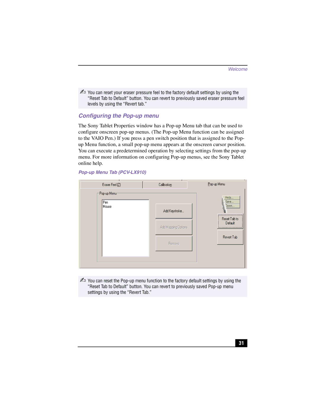 Sony PCV-LX810 manual Configuring the Pop-up menu, Pop-up Menu Tab PCV-LX910 