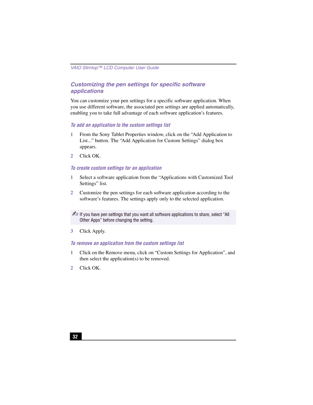 Sony PCV-LX810, PCV-LX910 To add an application to the custom settings list, To create custom settings for an application 