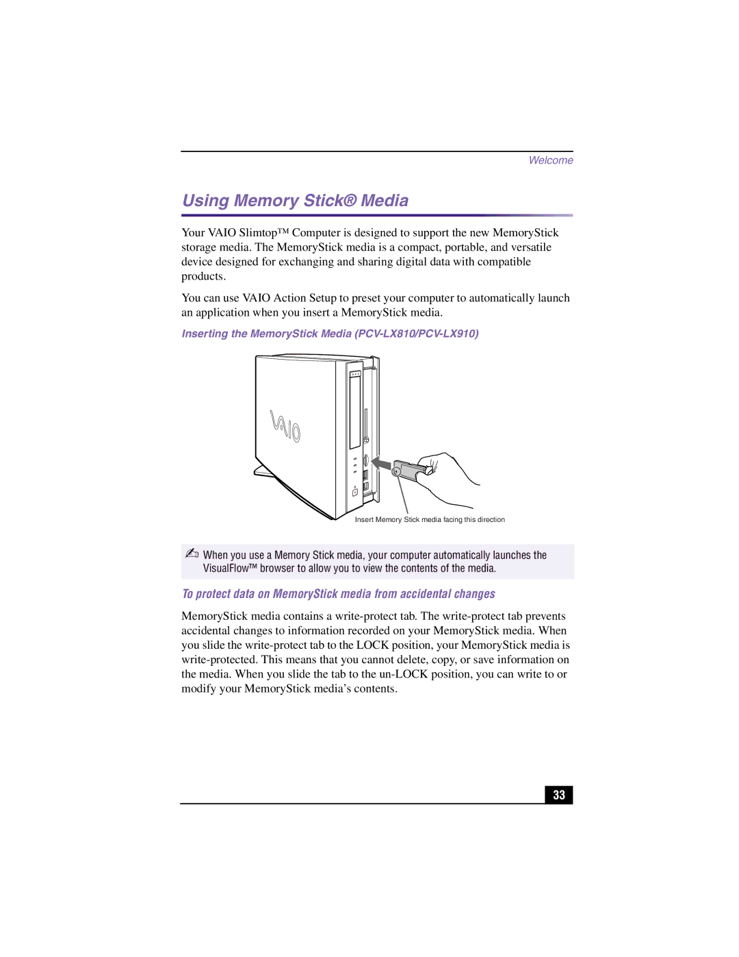 Sony manual Using Memory Stick Media, Inserting the MemoryStick Media PCV-LX810/PCV-LX910 