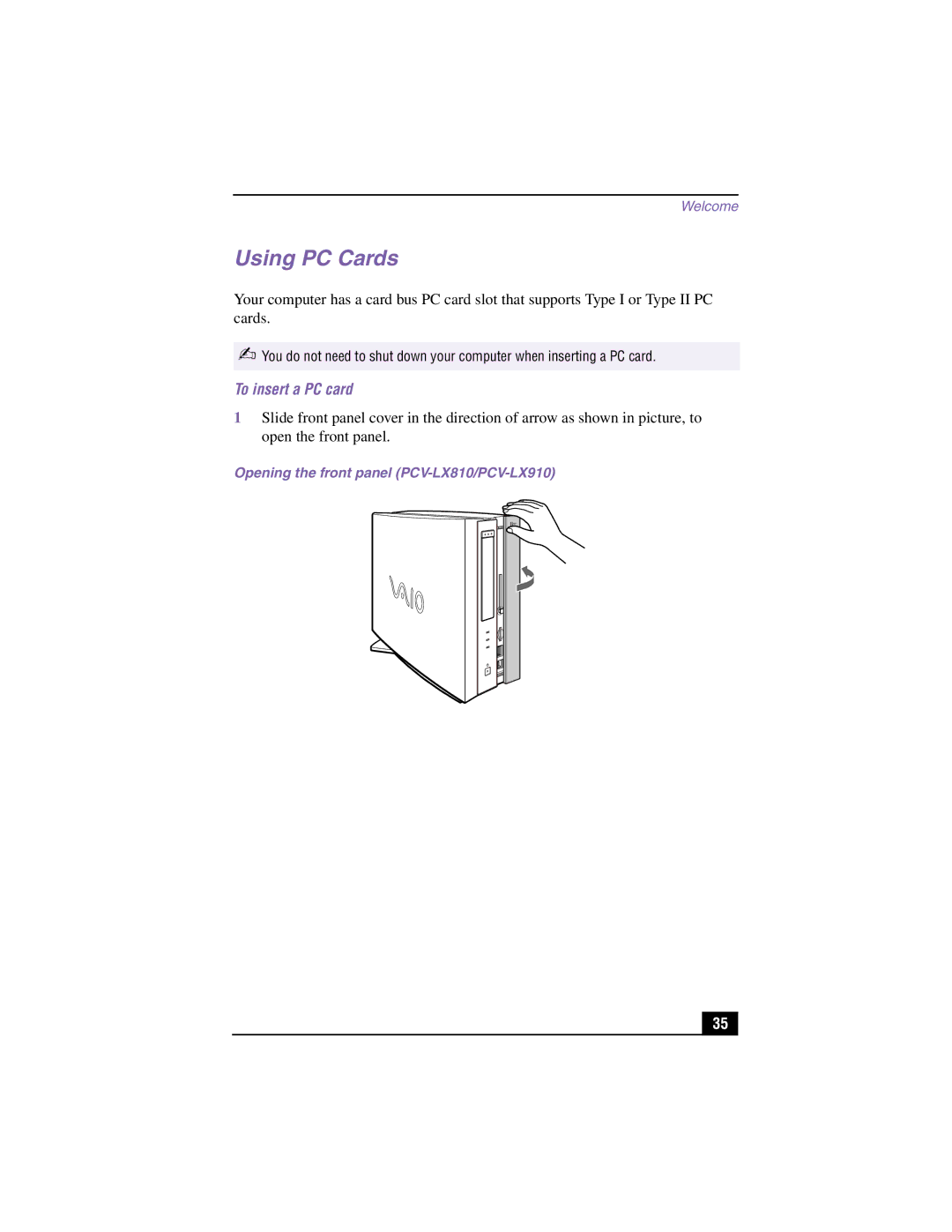 Sony manual Using PC Cards, To insert a PC card, Opening the front panel PCV-LX810/PCV-LX910 